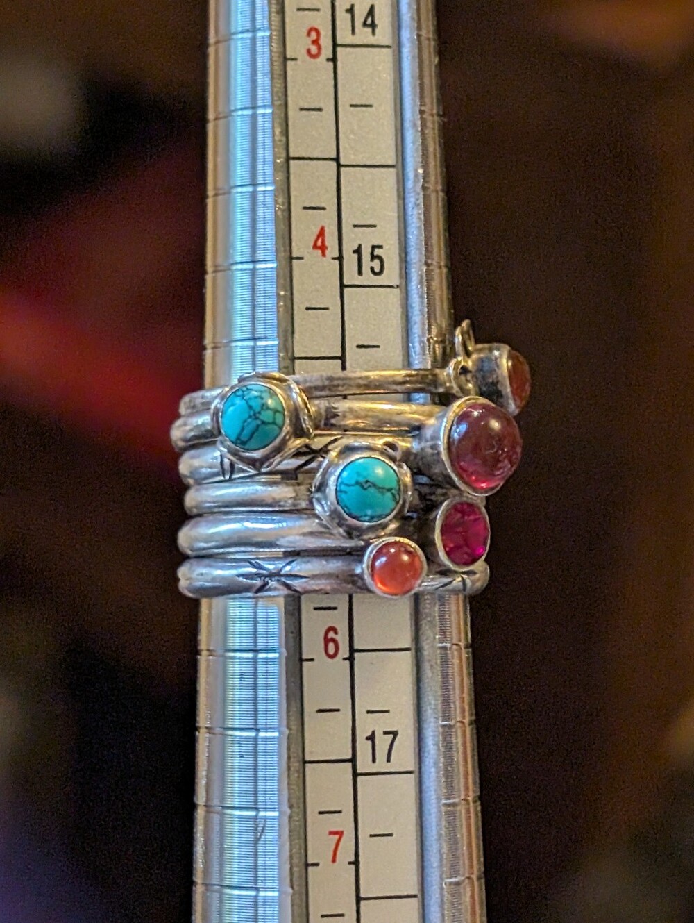 Stackable Silver Rings Set (6)with Turquoise and Red Stones - Picture 9 of 15